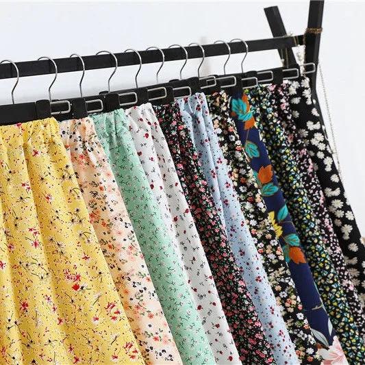 Women's Summer Plus Size Skirts Vintage Floral Print Chiffon A-Line Skirt Elastic High Waist Casual Mid-length Skirt