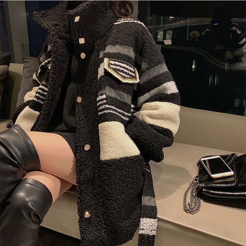 Fashion Black and White Lamb Hair Small Fragrant Wind Women's Jacket Mid-length Thick Lamb Wool Plush Jacket