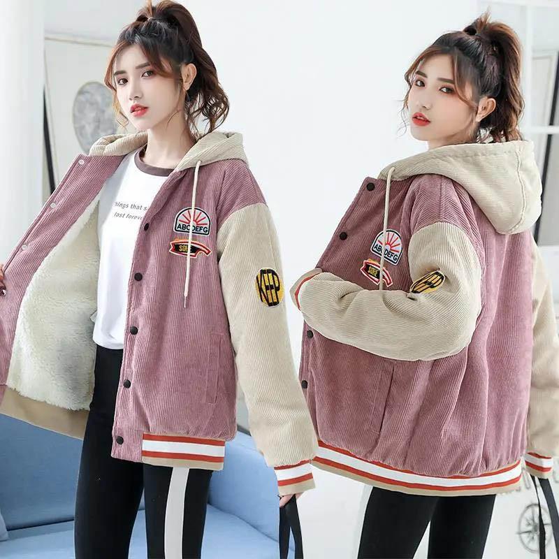 Plus Velvet Thick Coat Female Autumn and Winter Wear Student Korean Version of Wild Corduroy Lamb Hair