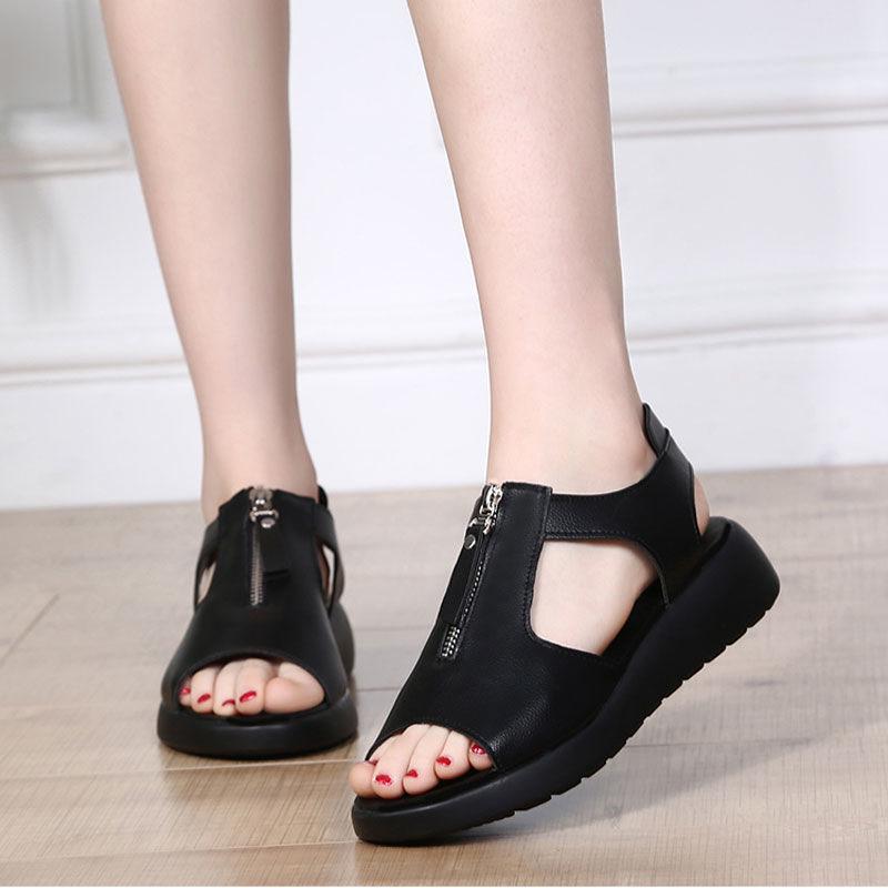 Plus Size 35-40 Summer Women Outdoor Black Leather Rome Flat High Heels Bohemian Beach Shoes Non-slip Office Lady Sandals