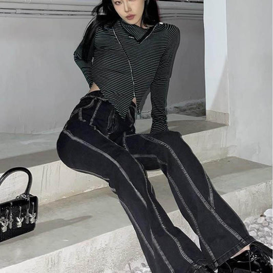 Grinding Split Line Micro Jeans Female Spring and Autumn Korean Version of The Retro High Waist Slimming High Speaker Long Pants