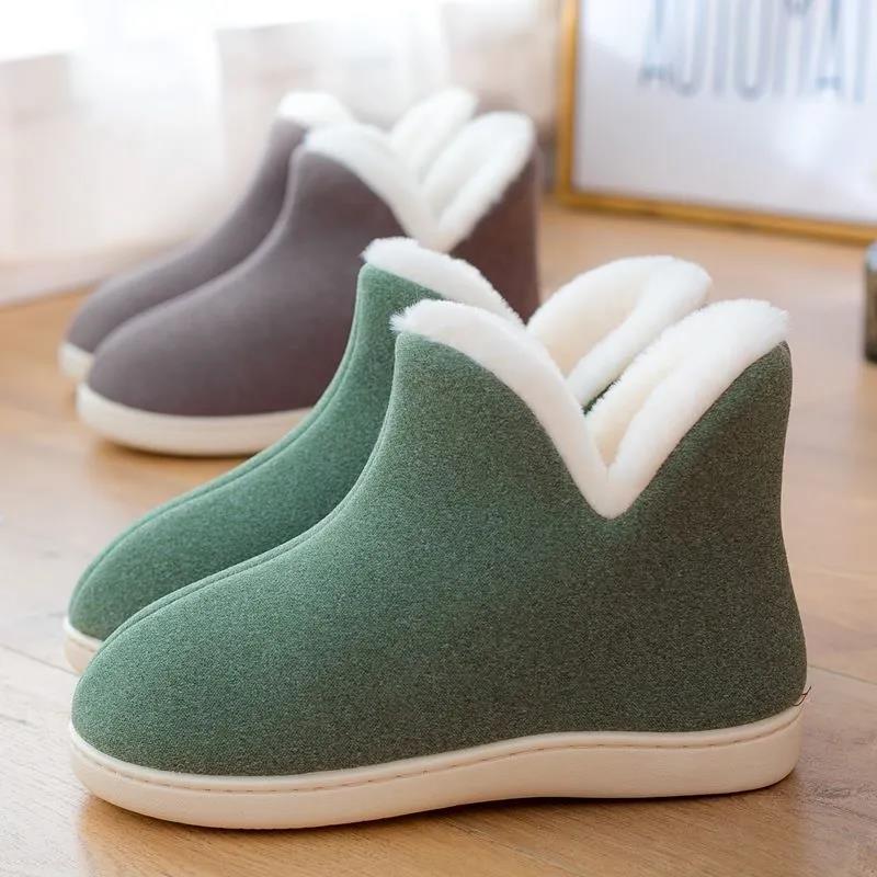 Winter Cotton Shoes Non-slip Couples Indoor Thickened Fleece and Furry Shoes with High-top Warmth and Non-slip Cotton Slippers Snow Boots