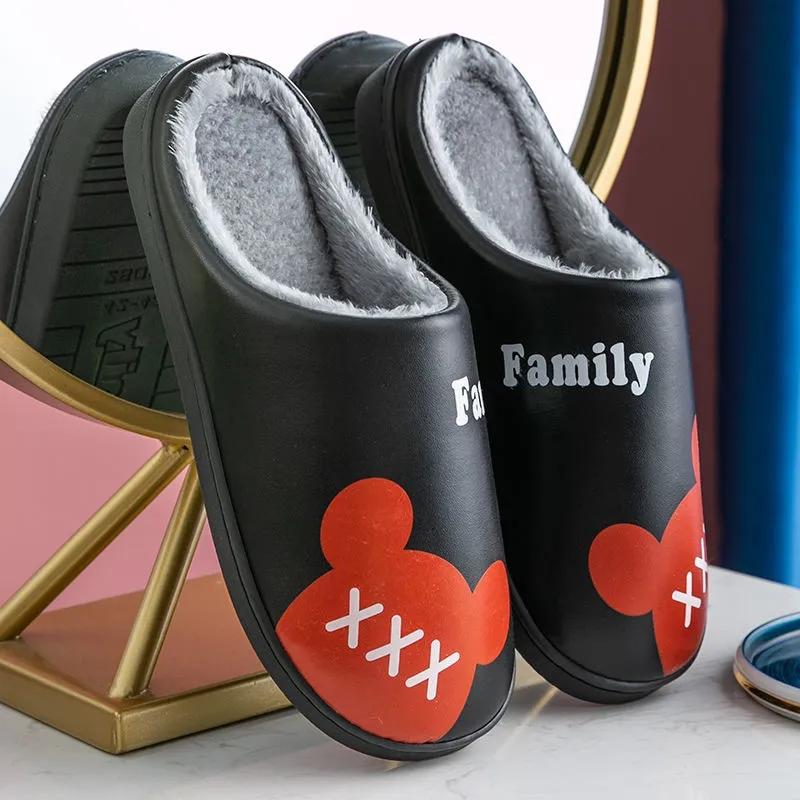 Women Winter Home Slippers PU Waterproof Cartoon Shoes Non-slip Soft Warm Men House Slippers Indoor Bedroom Lovers Couples