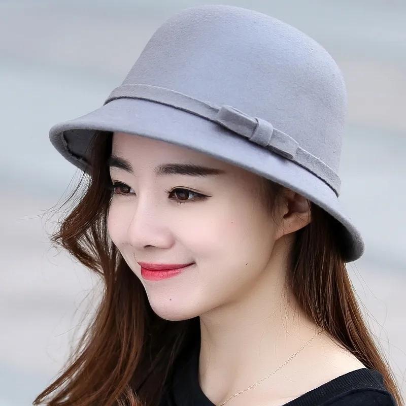 Women's Simple Elegant Pot Hat Wool Blended Bow Basin Hat Autumn Winter Solid Color Casual All-match Bucket Hat