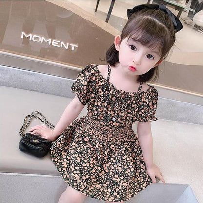 Children Dress Spring Summer Girls' Sling Dress Floral Skirt Short Sleeve Girdle Broken Flower Princess Skirt