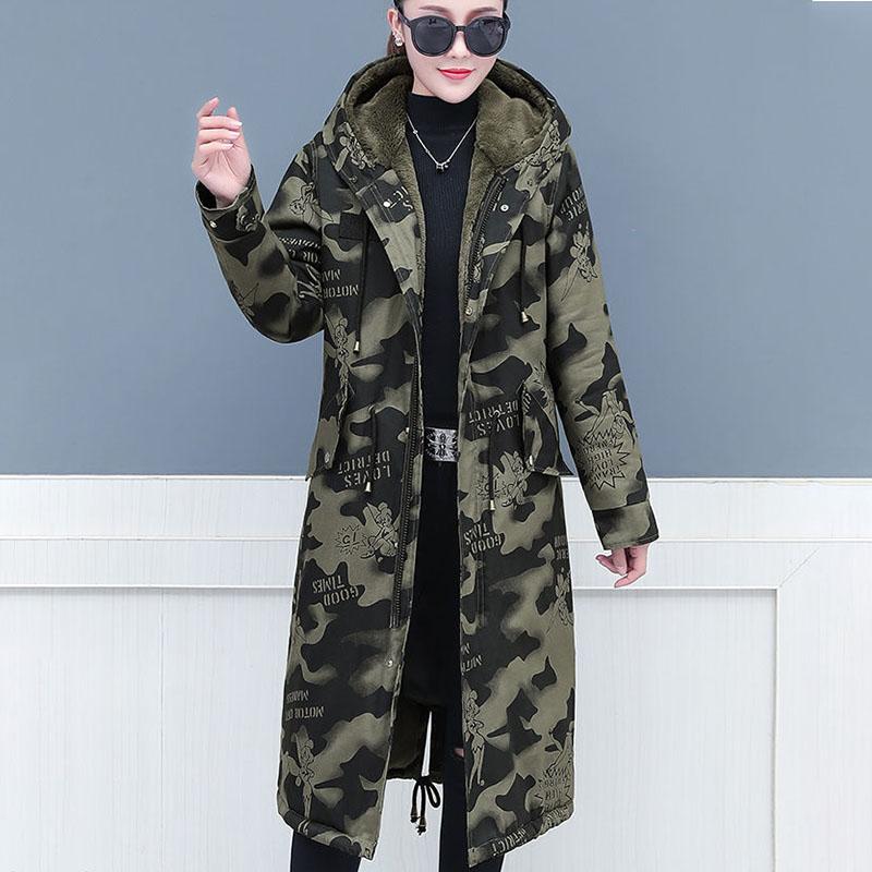 Female Camouflage Parka Coat  Winter Long Cotton-padded Jacket Flocking Hooded Cotton-padded Jacket Winter Print Overcoat