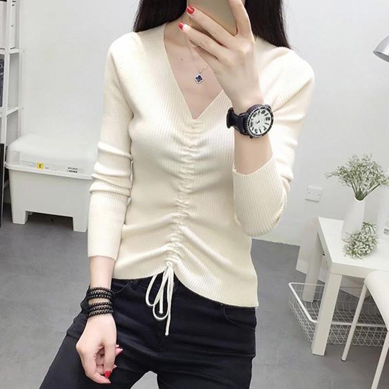 All-match Autumn and Winter V-neck Woolen Sweater Slim Slimming Long-sleeved Knitted Bottoming Shirt Top Pullover Sweater Women