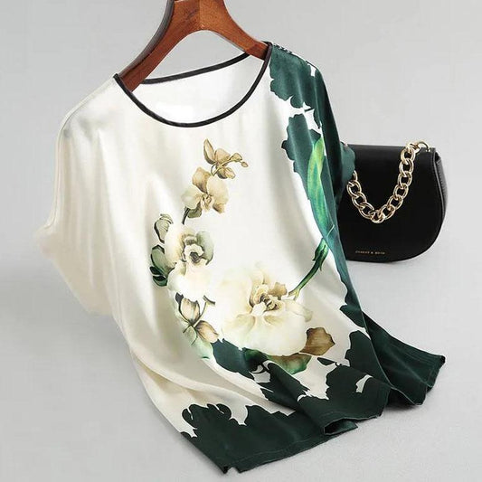 Women Summer Tops Floral Print Blouse Pullover Ladies Silk Satin Blouses Plus Size Batwing Sleeve Vintage Print Casual Short Sleeve Tops