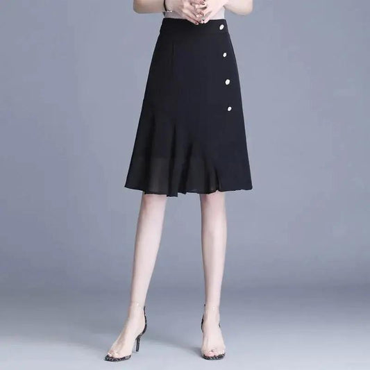 Woman Skirts Summer Casual A-line Skirt Elastic High Waist Loose Knee-length Skirts Female Chiffon Button Black Skirt