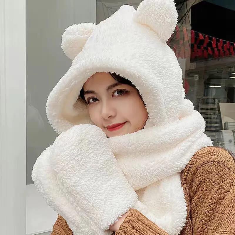 Women's Bear Ears Hat Scarf Gloves Set One-piece All-match Cute Plush Winter Scarf Hooded Cap Riding Windproof Warm Hat Face Ear Protection Hat