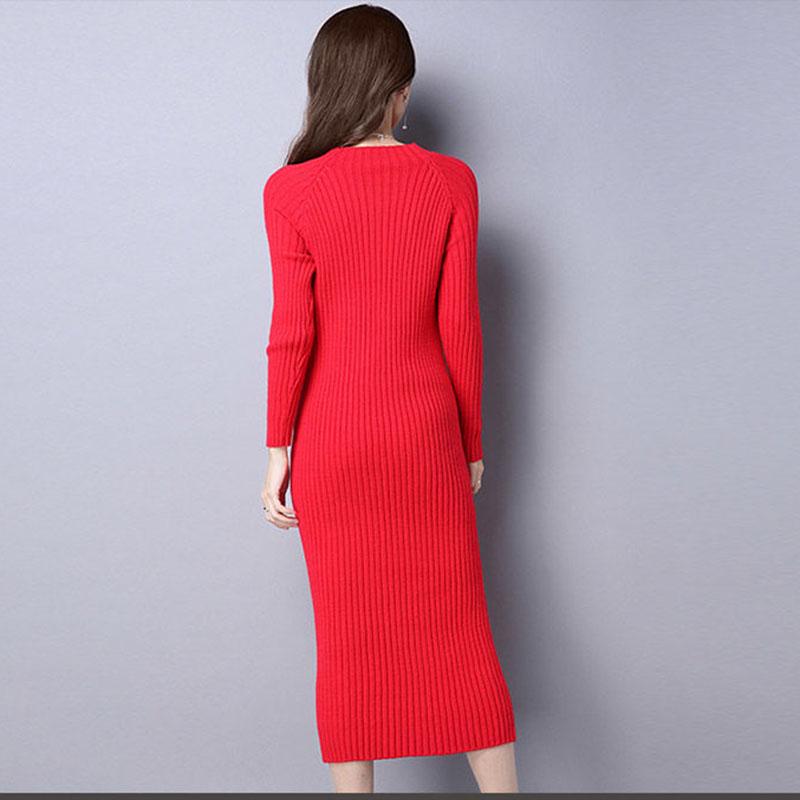 Elegant Women Midi Dress Long Sleeve Stretch Dresses Winter Ribbed Knitted Robe Office Ladies