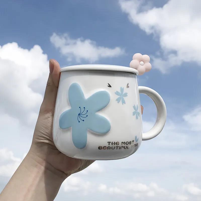 Net Celebrity Ins Cherry Blossom Ceramic Mug with Lid and Spoon Female Student High-value Korean Version of Cute Drinking Cup Home