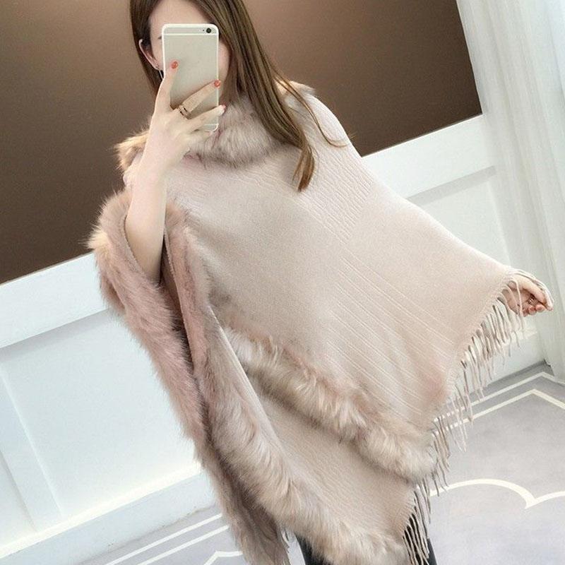 Autumn and Winter Imitation Fox Fur Cloak Shawl Bat Shirt Female Fur Collar Coat Plus Size Tassel Mid-length Sweater Coat