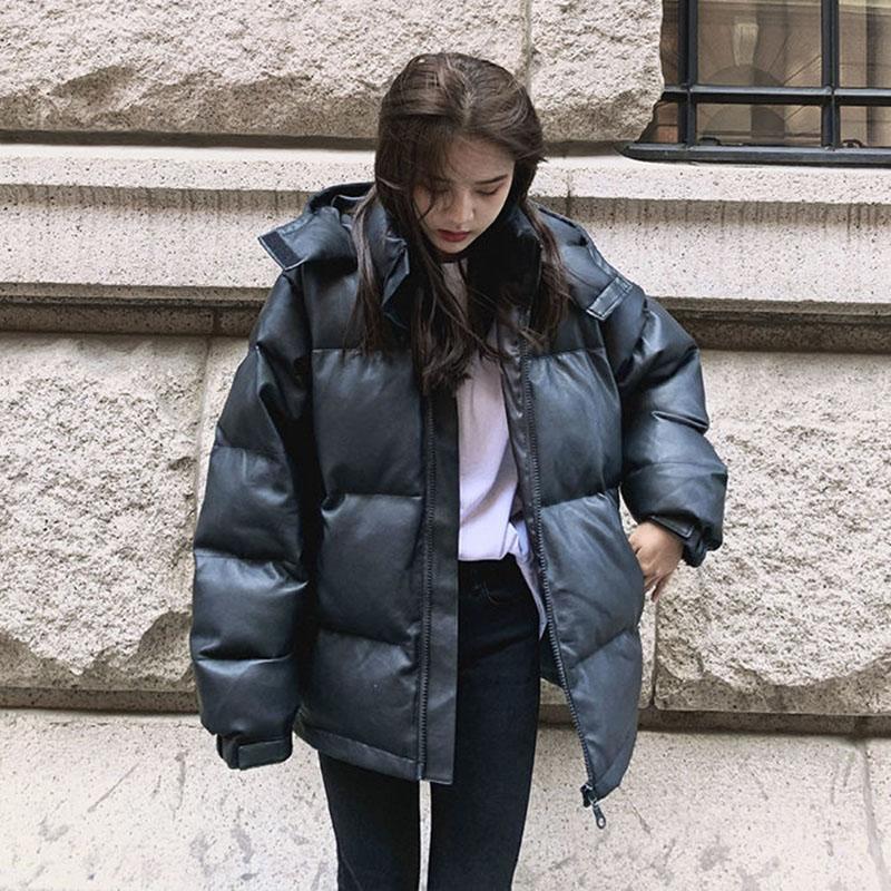 Cotton Clothes Women's Winter Korean Version of Loose Oversize Hooded Thick Short PU Leather Coat Jacket