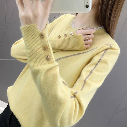 Pofulove Women Lace Round Neck Button Long Sleeve Sweater Slim Warm Pullover Undershirt Sweatshirts