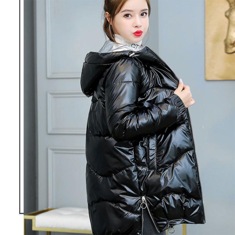 Women's Glossy Mid-length Down Jacket Winter Korean Style Loose Cotton Clothes Casual Hooded Padded Jacket