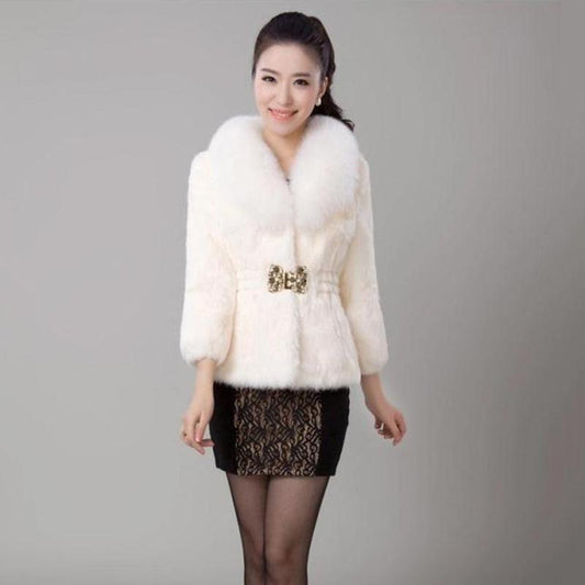 Faux Fur Jacket Female Autumn and Winter Imitation Rex Rabbit Fur Fox Fur Collar Short Slim Cotton Jacket Keeps Warm and Comfortable