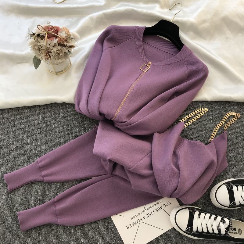 3pcs/set Knitted Sweater Suit Casual Chain Vest Knitted Jacket + Elastic Pants Three-piece Sets Women Outfits