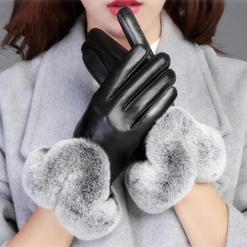 Women's Leather Gloves Plus Velvet Thick Warm Gloves Can Touch Screen Outdoor Biking Winter Leather Gloves