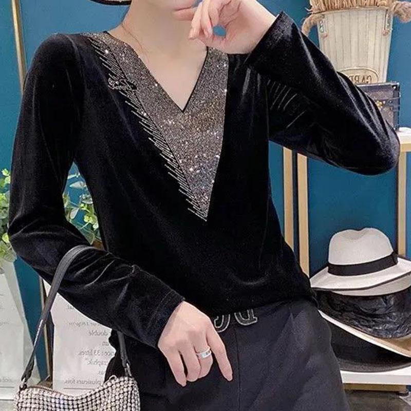 Spring Fall Women Sexy V-neck Gold Velvet top Elegant Blue Long Sleeve Wild Basic Shirts Vintage Casual Ladies Top Pullover