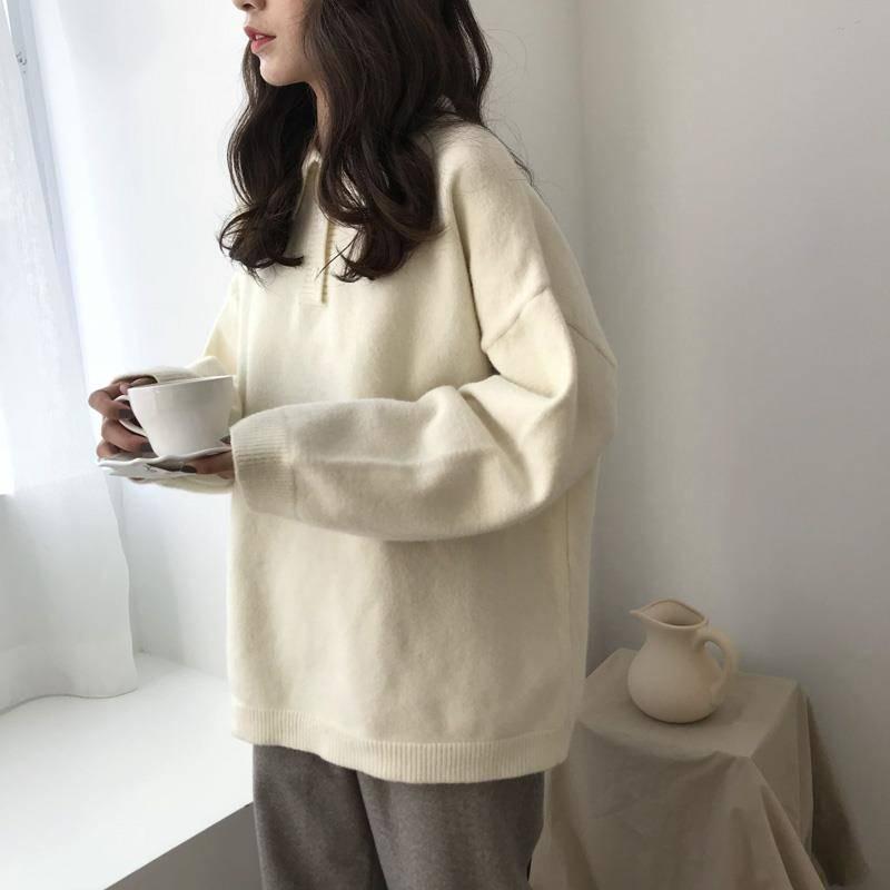 Pofulove Autumn Winter Mid-length Sweater Loose Solid Color POLO Collar Sweater Jacket Female