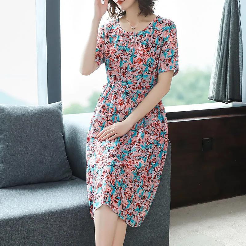 Women's Summer Short-sleeved Mid-length Skirt Floral Round Neck Large Size Loose and Thin Dress