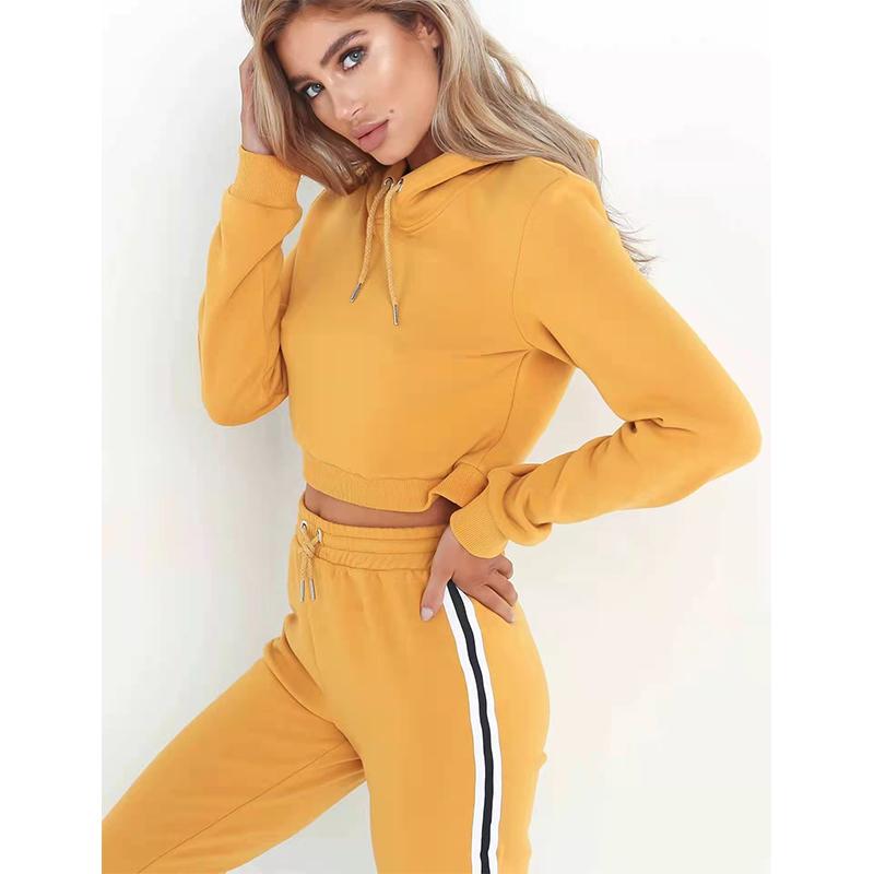 2PCS Female Sweatshirt Suits Hooded Crop Sweater Set Two Piece Cropped Hooded Top Casual Jogger Trousers Tracksuit Girls Athletic Clothing