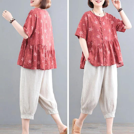 WTEMPO 2pcs Casual Middle-aged Women's Plus Size Spring and Summer Cotton and Linen Printing Pants Suit