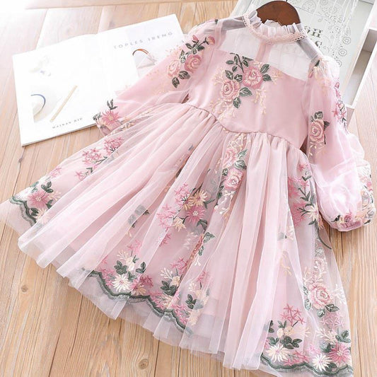 Girls Long Sleeve Dress Flower Embroidered Princess Dress Puff Sleeve Palace Dress Girl Dress