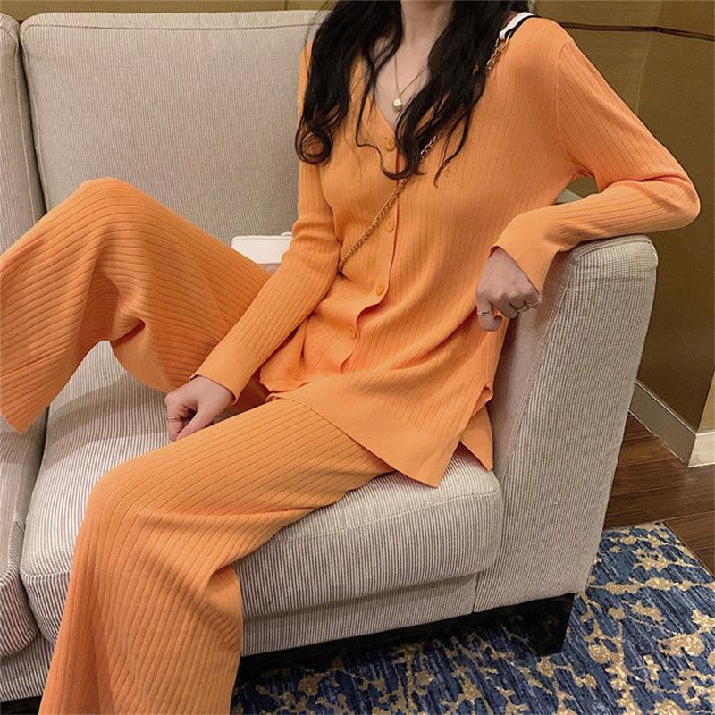 2021 Spring and Autumn Knitted Suit V-neck Cardigan Jacket + Casual Straight Wide Leg Pants Two-piece Female