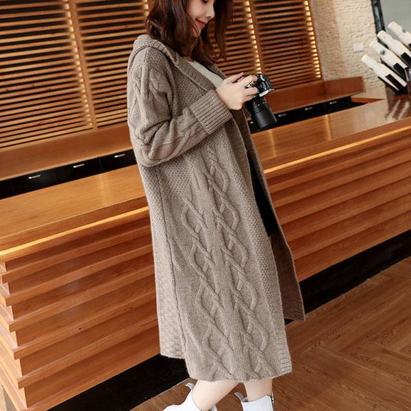 Women's Autumn and Winter Large Size Sweater Solid Color Loose Hooded Long Cardigan Long Sleeve Knitted Coat Shawl