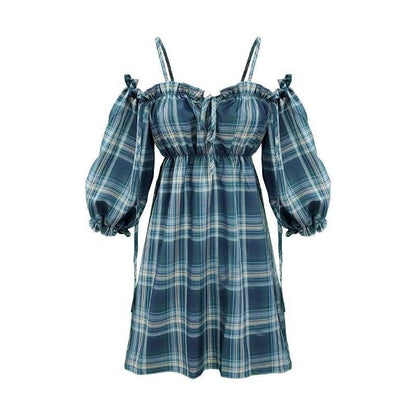 Women Sexy Off-shoulder Dress Retro Plaid Puff Sleeve A-line Dress Slash Neck Spaghetti Strap Mini Derss