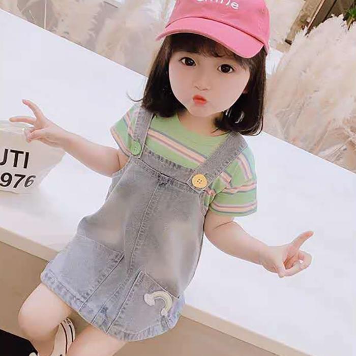 2PCS Children Clothing Set Spring Summer Girls Suits Printing Short Sleeve Stripe Tops + Suspender Skirt Clothing Set