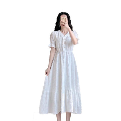 Summer French Retro Temperament Small Fragrance White Dress Chiffon White Dress V-neck Short-sleeved A-line Dress Sweet and Cute