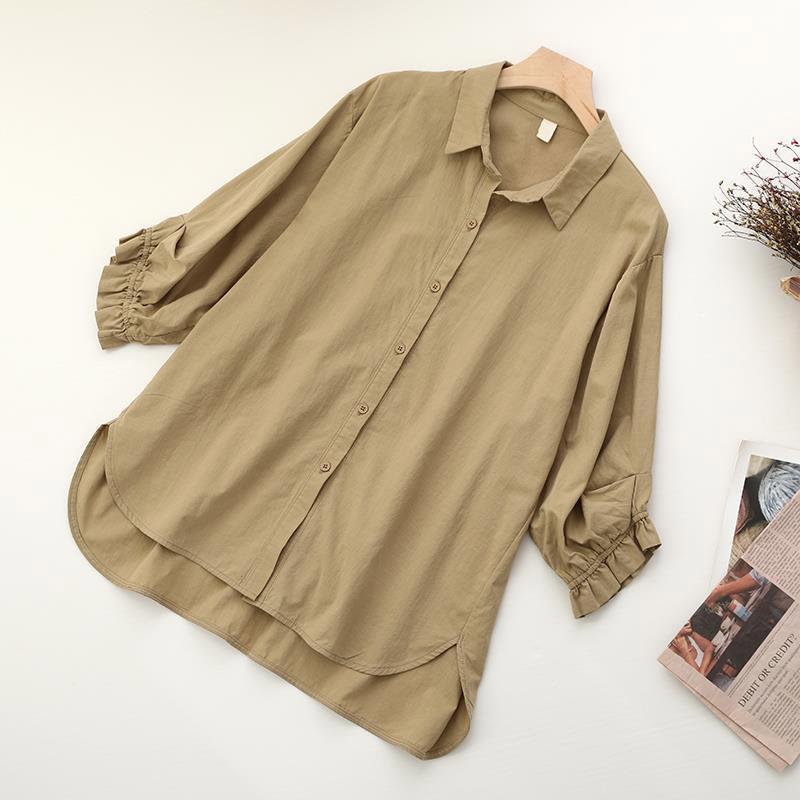 Cotton Lantern Sleeve Shirt Women's Summer Loose Large Size Thin Three-quarter Sleeve Blouses