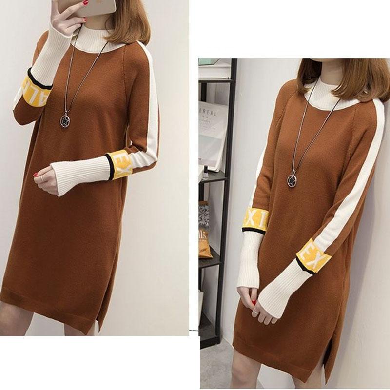 Autumn and Winter Color Matching Plus Size Dress Mid-length Loose Knit Bottoming Shirt Thick Half High Neck Women's Sweater Dress