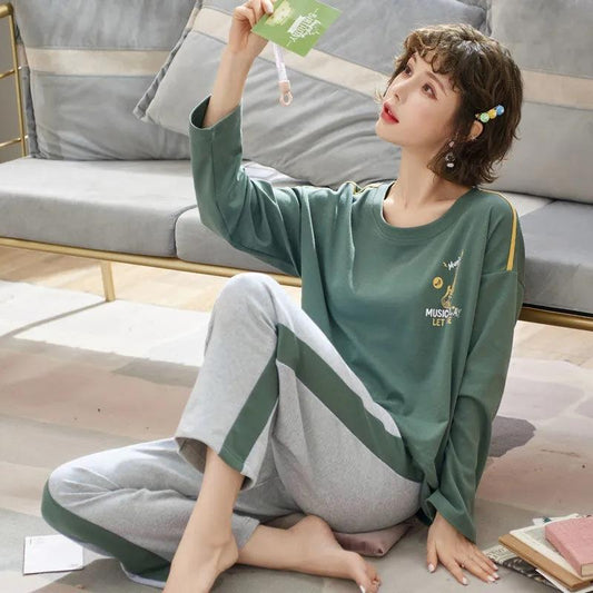 Women Cotton Pajamas Set Spring Autumn Long Sleeve Sleepwear Suit   Cartoon Cute Plus Size Winter Home Wear Casual Loose Pullover O Neck Nightwear