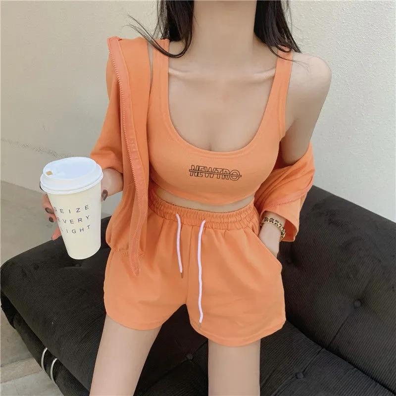 3PCS Casual Sports Suit Ladies Summer Zip Cardigan + Vest + Wide Leg Shorts Three-piece Set Tracksuits Jogging Suits Girls Athletic Clothing