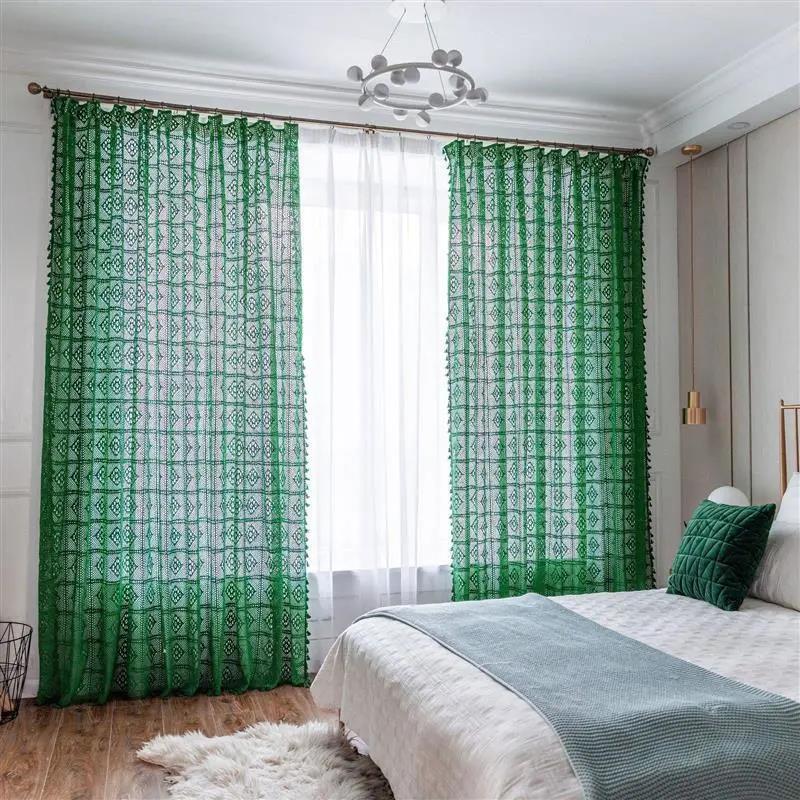 Handmade Cotton Translucent Retro Hollow Curtain Finished Nordic Country Fabric Floor-to-ceiling Screen