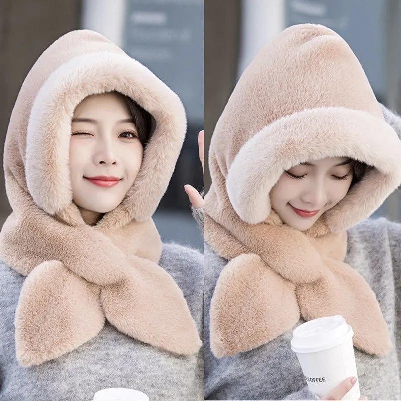 Women Plus Velvet Hat Rabbit Scarf Bow Set One Piece Fake Collar Winter Windproof Hooded Cold-proof Plush Padded Collar Warm Ear Protection Caps