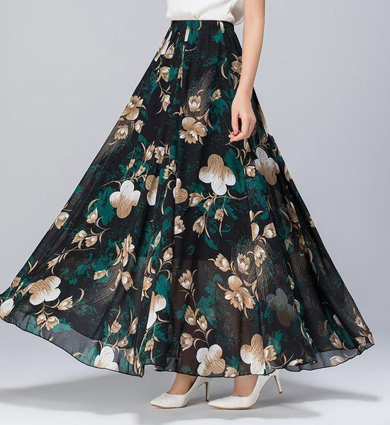 Women Vintage Elegant Floral Skirts Exquisite Printing High Waist A-line Chiffon Skirt Mid-length Chiffon Skirt