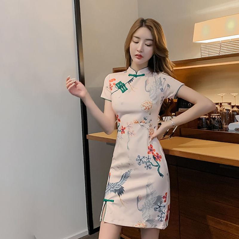 Summer Chinese Style Retro Printed Slim Temperament Was Thinner and Improved Cheongsam Dress