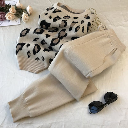 2pcs/set Women Knit Leopard Pullover Sweaters+Pants Sets Woman Fashion Jumpers Trousers 2 PCS Costumes Outfit