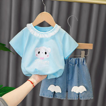 2PCS Children Clothing Set Spring Summer Baby Girls and Boys Suits Printing Short Sleeve Wing Tops + Pants Clothing Set for Girl and Boy