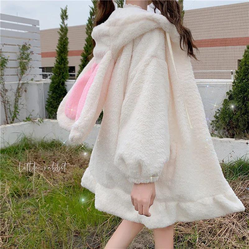 Rabbit Ears Hoodies Women Zip-up Sweatshirts Coat Long Lantern Sleeve Hooded Lolita Cute Sweet Girls Harajuku Warm Baggy for Her