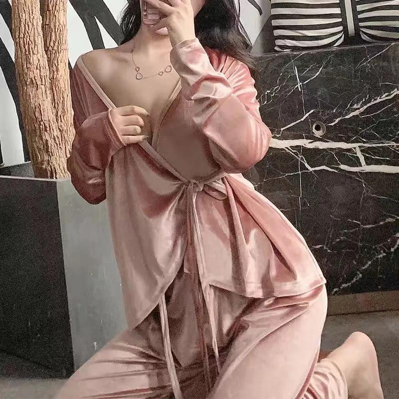 Women's Sexy Gold Velvet Pajamas Set V-neck Japanese Kimono Homewear Spring Long-sleeved Solid Color Pyjamas Two-piece Set Sleeping Suit