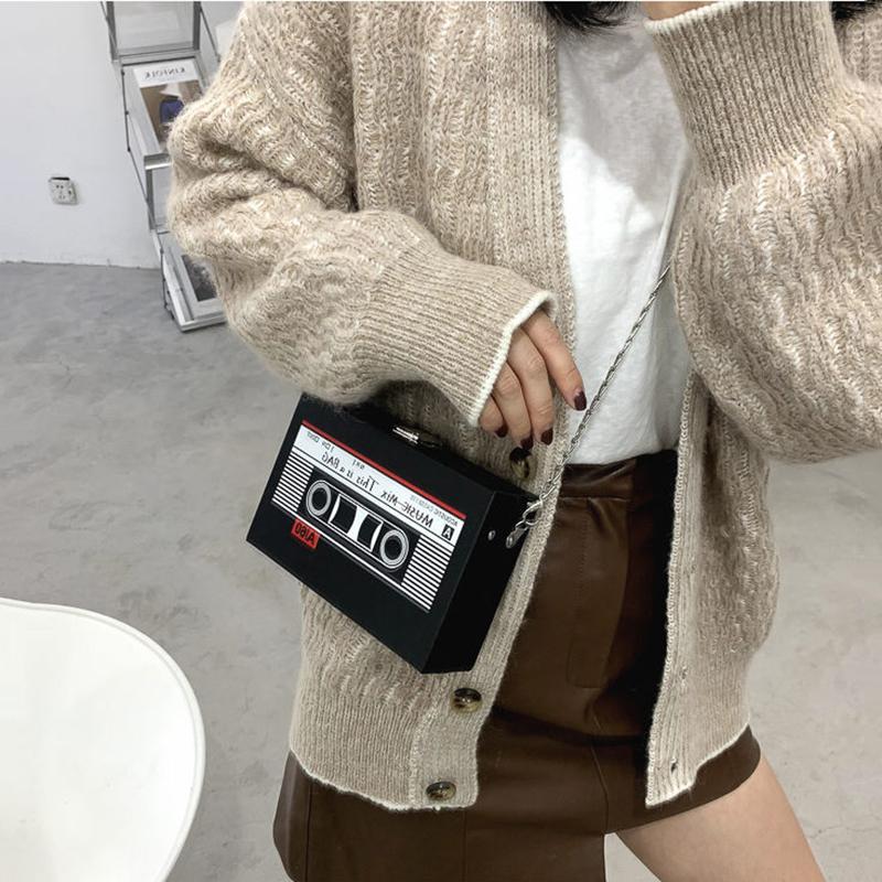 Retro Magnetic Tape Women Pu Box Bag Handbags Print Casual Clutch Purse Shoulder Crossbody Bags