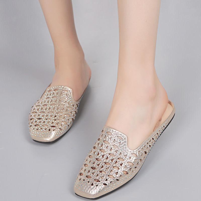 Woman's Fashion Casual Slip On Outdoor Slippers Crystal Hollow Out Flat Shoes