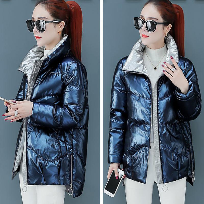 Women's Shiny Mid-length Down Jacket Winter Korean Style Loose Coat Warm Stand-collar Down Jacket