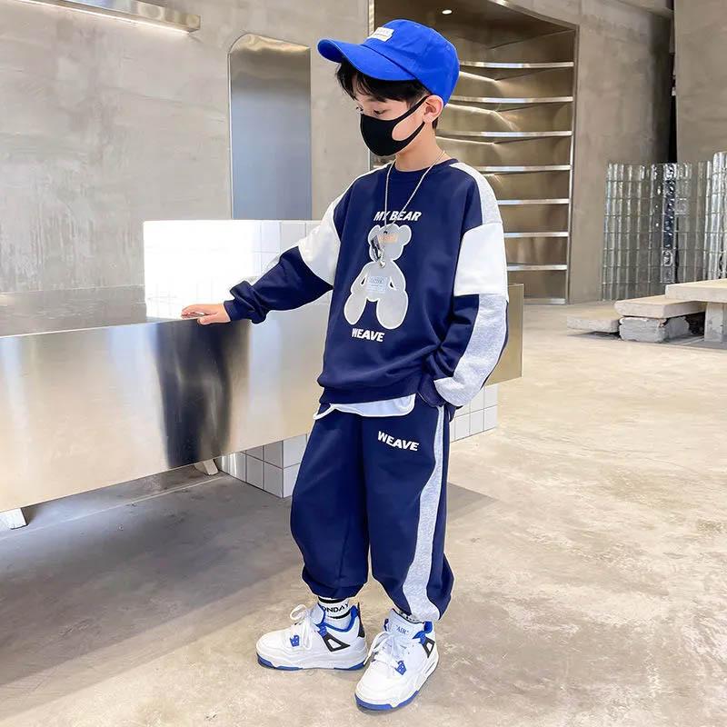 Boys Spring and Autumn Sports Two-piece Suit Stitching Contrast Color Design Pullover Sweater Sweatpants Comfortable Leisure Loose Children's Suit